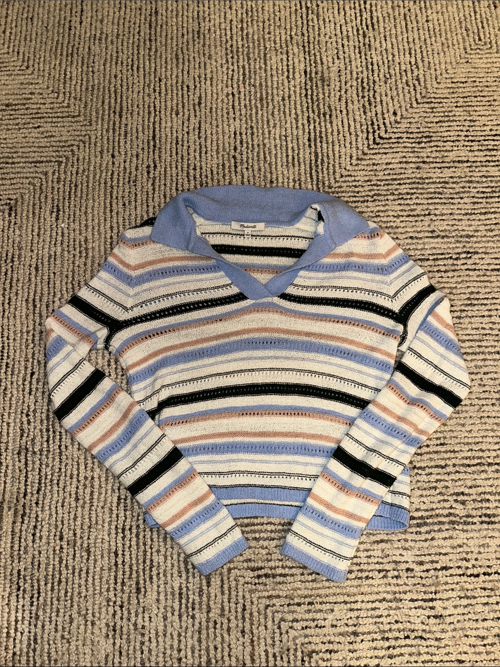 Madewell Striped V-Neck Sweater in Light Blue, Cream, Black, Peach